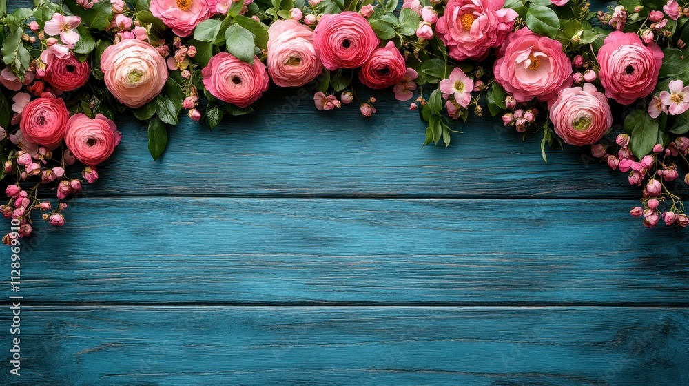 Pink Ranunculus and Blossom Flowers on Rustic Blue Wooden Background Pink Ranunculus and Blossom Flowers on Rustic Blue Wooden Background