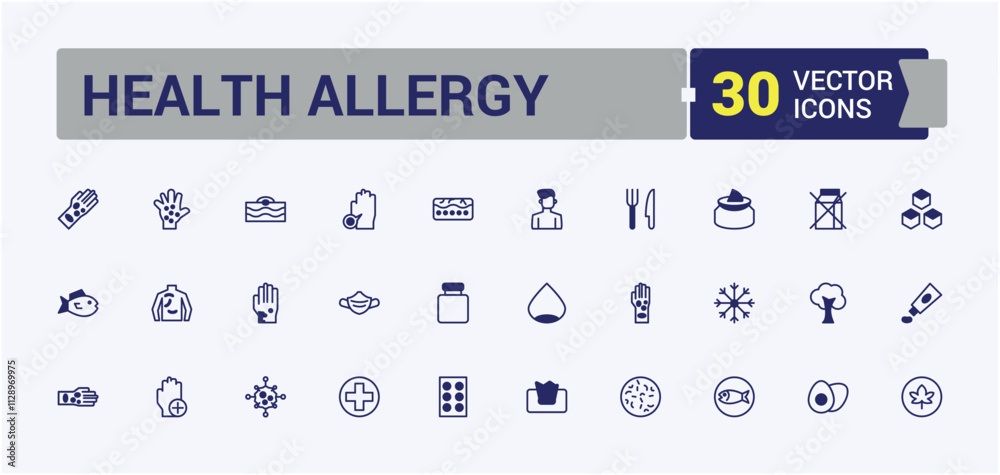 Health Allergy vector line icon set. Includes icons for cough, insect, allergic, pain, flu and more. Set of line pictogram. Editable vector outline and solid icons. Health Allergy vector line icon set. Includes icons for cough, insect, allergic, pain, flu and more. Set of line pictogram. Editable vector outline and solid icons.