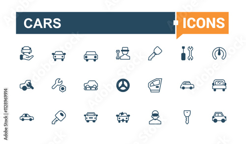 Cars icons. It contains symbols to wheel, service, transport, auto, eco and more. Isolated icons design. Solid line editable vector illustration.