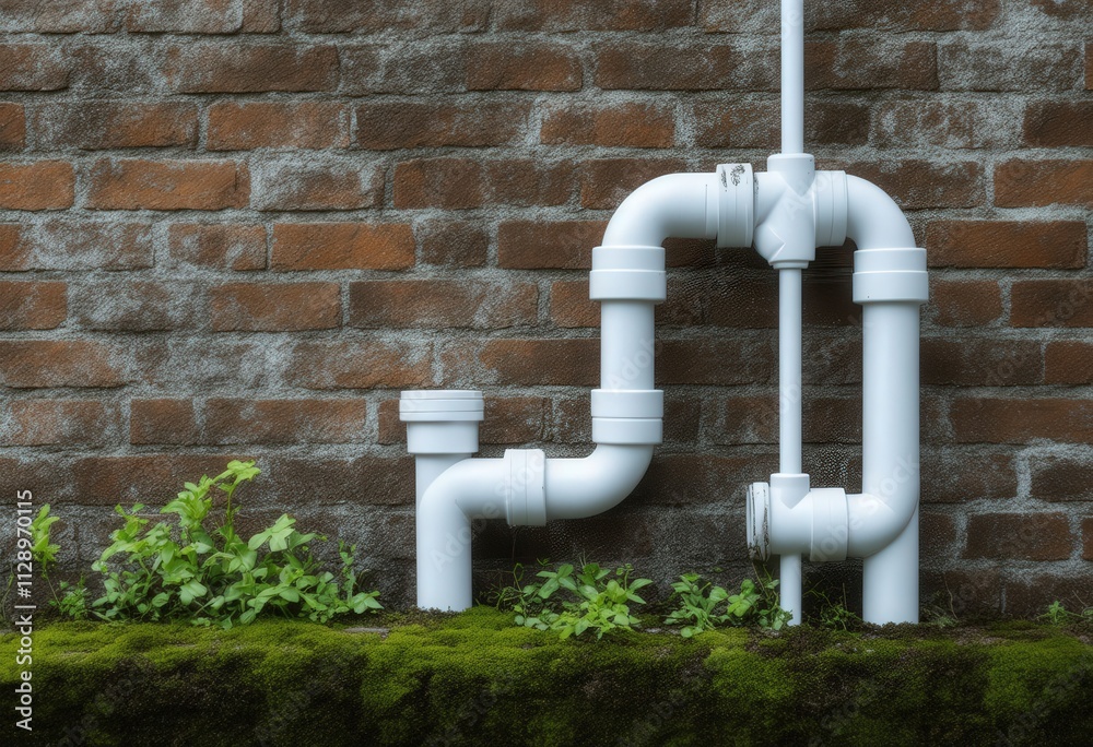 White PVC Pipes Against Rustic Brick Wall with Moss White PVC Pipes Against Rustic Brick Wall with Moss