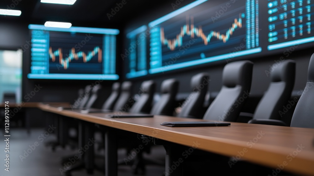 Modern conference room with sleek chairs and digital screens displaying financial data, ideal for corporate meetings. Modern conference room with sleek chairs and digital screens displaying financial data, ideal for corporate meetings.