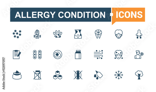 Allergy Condition thin line icon set. Containing dog, illness, pollen, head, care, food and more. Minimal linear icons. Vector outline and solid icons collection.