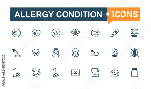 Allergy Condition thin line icon set. Containing dog, illness, pollen, head, care, food and more. Minimal linear icons. Vector outline and solid icons collection.