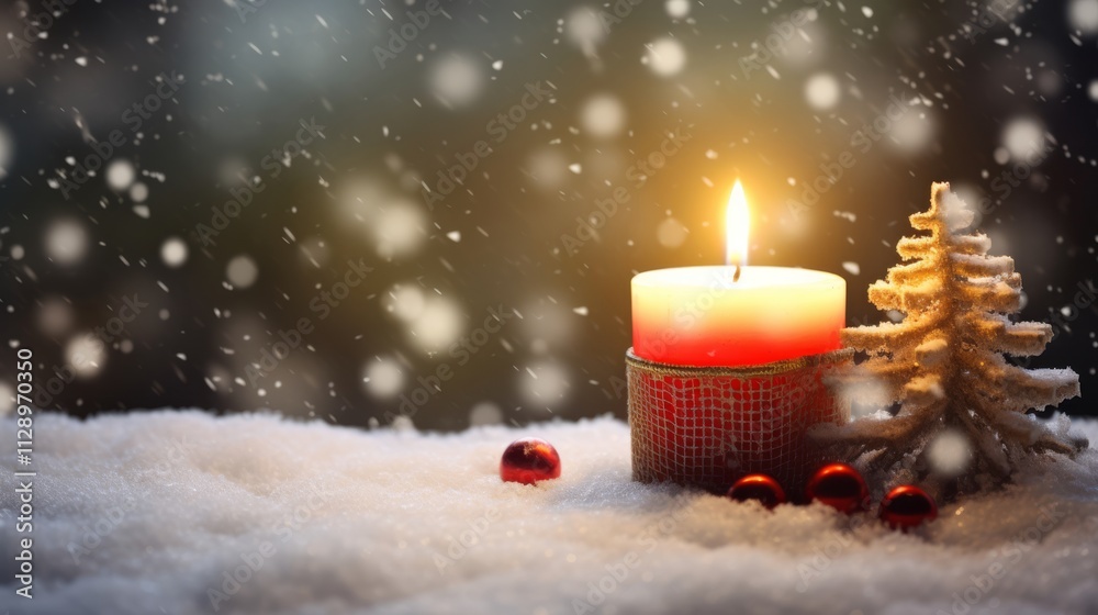Burning Christmas candle in the snow Burning Christmas candle in the snow