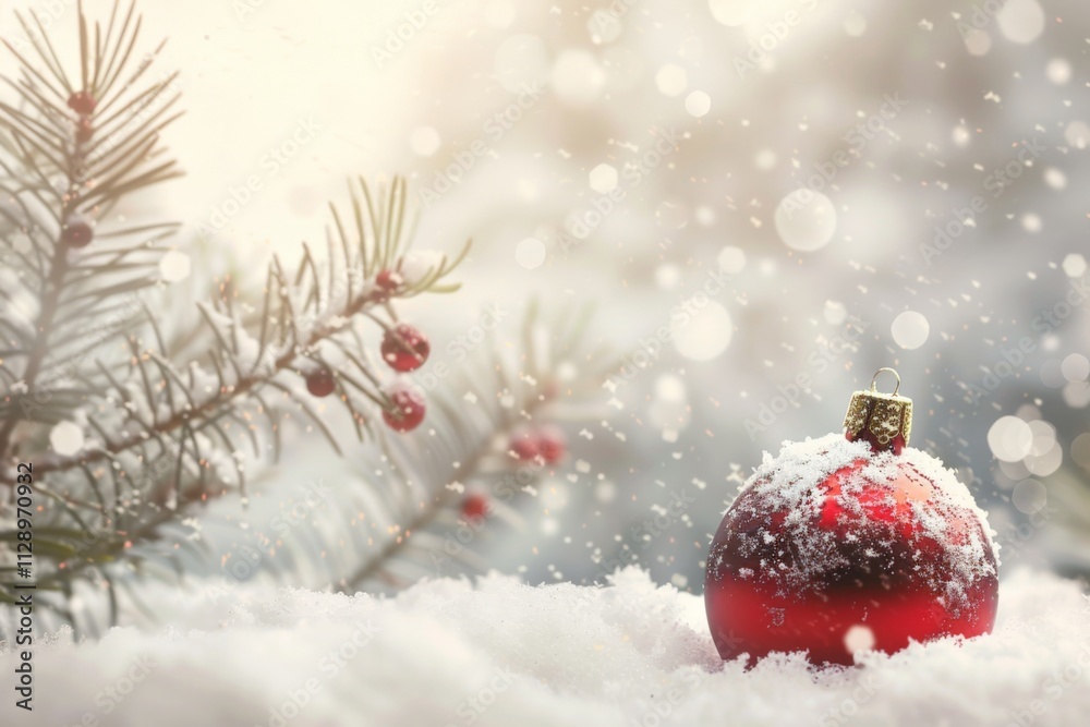 Decorative red Christmas ornament resting on snow with pine branches and bokeh effect in the background Decorative red Christmas ornament resting on snow with pine branches and bokeh effect in the background
