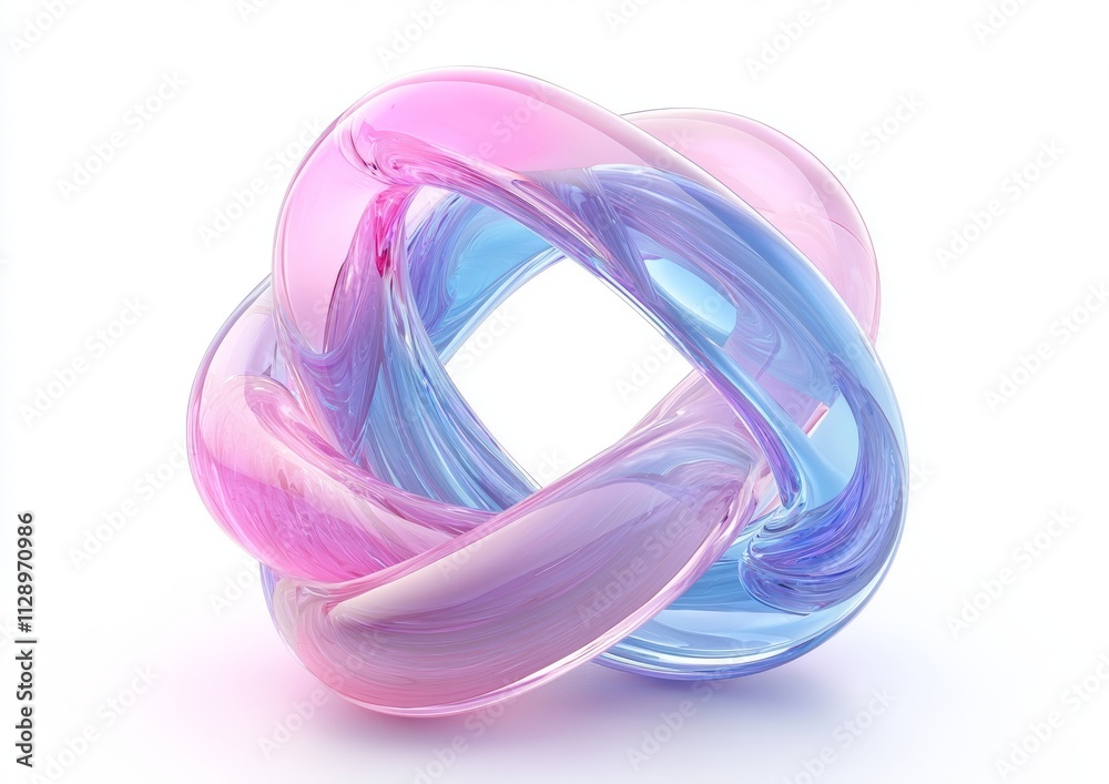 Transparent glass form in an abstract design, set against a white backdrop, created in 3D.