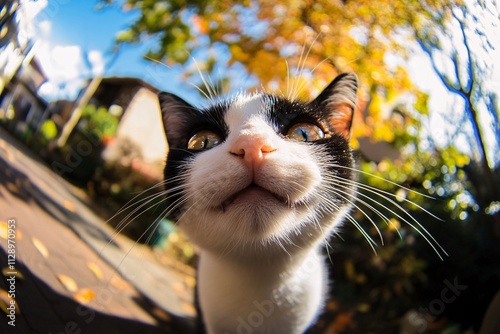 A playful cat with black spots, smiling at the camera, the fisheye lens distorting the image slightly with a blurred dark brown background, warm sunlight 1 photo