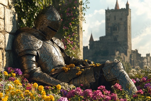 A noble knight resting on a bed of colorful blooms, reflective armor gleaming under a soft morning light, a medieval castle towers in the background 1