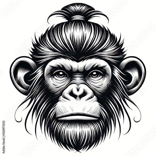 Illustration of a chimpanzee head in monochrome colors.