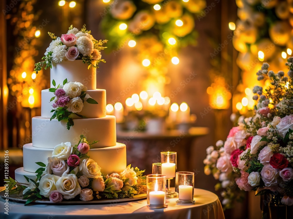 Elegant Night Photography of a Floral Adorned White Cake on a Gold Table at a Romantic Wedding Venue, Capturing the Beauty and Ambiance of a Special Celebration Elegant Night Photography of a Floral Adorned White Cake on a Gold Table at a Romantic Wedding Venue, Capturing the Beauty and Ambiance of a Special Celebration