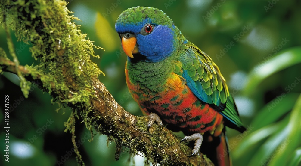 Vibrant Rainbow Lorikeet Perched on Mossy Branch in Lush Rainforest Habitat Vibrant Rainbow Lorikeet Perched on Mossy Branch in Lush Rainforest Habitat