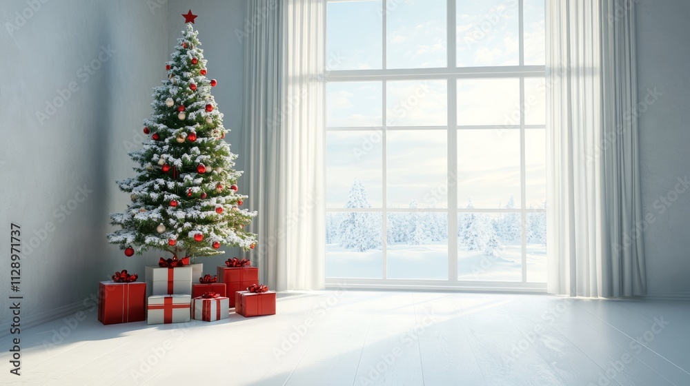 A Christmas tree decorated with white and red ornaments stands in front of the window. A Christmas tree decorated with white and red ornaments stands in front of the window.