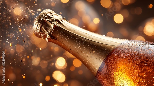 A close-up of a champagne bottle popping open with golden confetti raining down, surrounded by elegant decorations like streamers, balloons, and sparkling lights. Transparent image background. photo