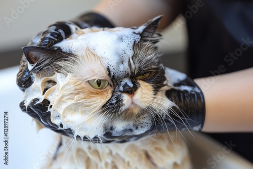 An irritated cat in the middle of a bath, its fur covered in soap bubbles. The feline's funny expression captures a mix of disdain and humor in a grooming scenario.
