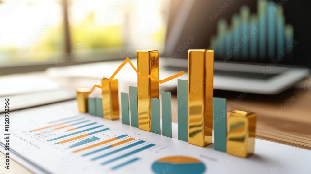 Colorful Graphs and Charts Representing Business Growth on Desktop with Golden and Blue Elements in Modern Workspace Atmosphere Colorful Graphs and Charts Representing Business Growth on Desktop with Golden and Blue Elements in Modern Workspace Atmosphere