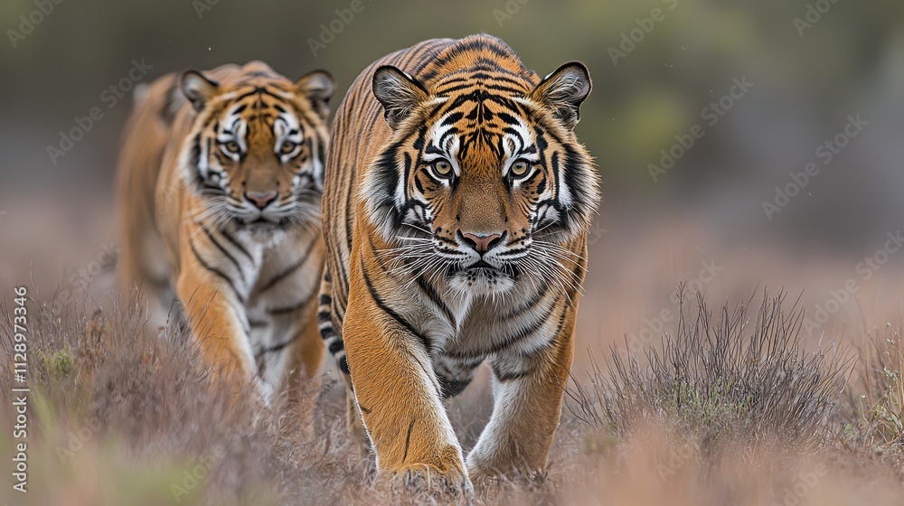 Fototapeta Majestic Tigers Walking Through a Misty Landscape in Natural Habitat