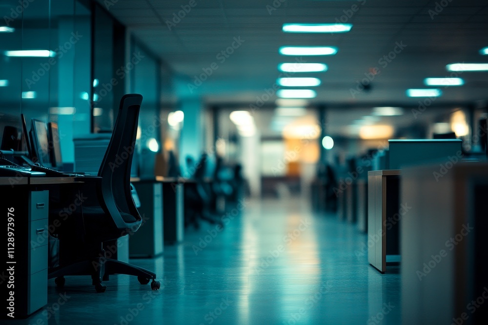 Empty modern office at night with desks, chairs, and computers. Empty modern office at night with desks, chairs, and computers.