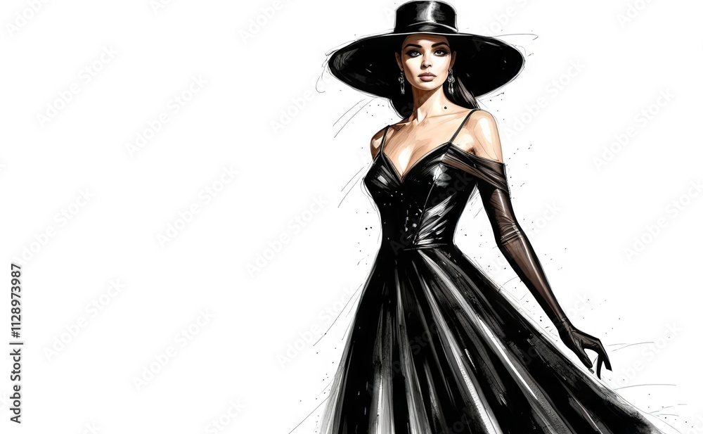 Elegant woman in a black dress and wide-brimmed hat poses gracefully on a minimalist background Elegant woman in a black dress and wide-brimmed hat poses gracefully on a minimalist background