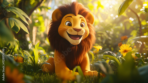 A vibrant 3D cartoon lion with a cheerful expression sitting in a sunny jungle clearing. photo