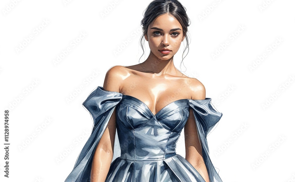 Elegant young woman poses in a shimmering blue gown with dramatic sleeves during a fashion event Elegant young woman poses in a shimmering blue gown with dramatic sleeves during a fashion event