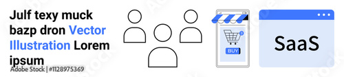 Abstract human figures, e-commerce mobile app with shopping cart, and SaaS browser window. Ideal for SaaS development, e-commerce, digital marketing, team collaboration, user engagement, mobile apps