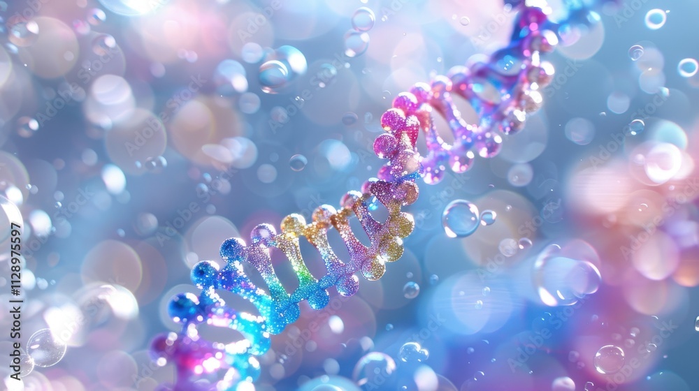 Elegant spiral of rainbow DNA double helix with light bokeh and bubbles, creating a serene blue scene Elegant spiral of rainbow DNA double helix with light bokeh and bubbles, creating a serene blue scene