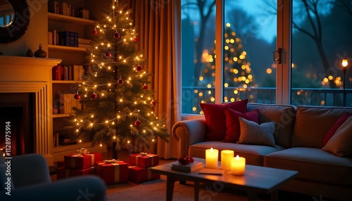 Cozy Christmas Living Room with Decorated Tree