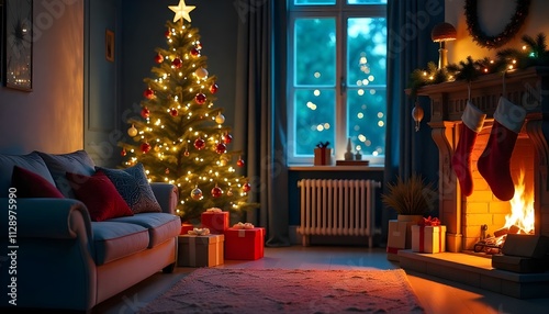 Cozy Christmas Living Room with Decorated Tree