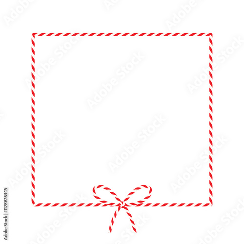 Square empty frame, text box on transparent background, gift tied up with cotton red rope bakers twine bow and ribbon. Packing string for decoration, present for Christmas, New Year. Vector EPS10, png