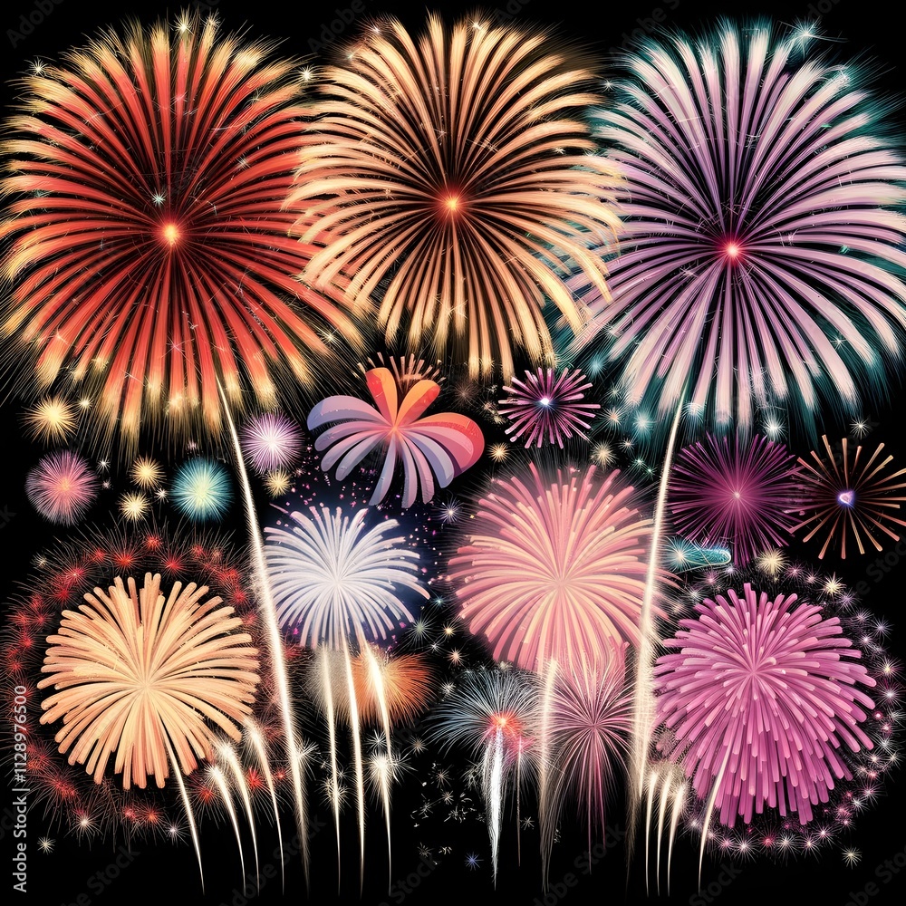 Grand fireworks display, where vibrant and intricate bursts of colors light up the sky. Grand fireworks display, where vibrant and intricate bursts of colors light up the sky.