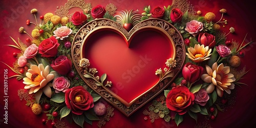 Elegant Valentine's Day Greeting Card with Heart and Floral Frame on Gradient Red Background for Romantic Celebrations and Love Messages
