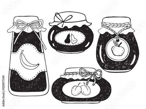 Jars of jam. Set with different flavors of jam. Cute illustrations for your designs.