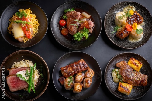 Six gourmet dishes on dark plates; pasta, meat, vegetables.