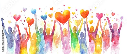 Panel kuchenny z motywem Joyful People Celebrating Love with Colorful Hearts Watercolor Painting