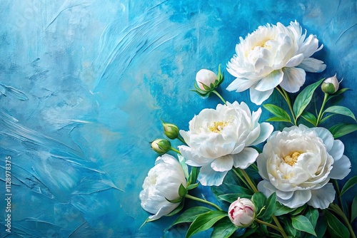 Elegant White Peony Flowers in Impasto Oil Painting on Blue Background for Valentine's Day, Mother's Day, or Wedding Invitations - Beautiful Art for Greeting Cards and Banners