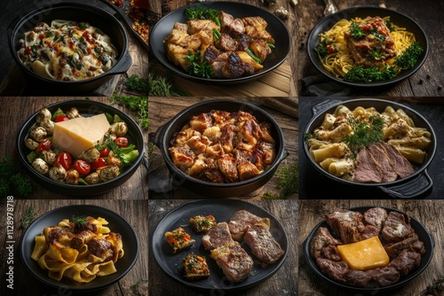 Collage of nine gourmet dishes featuring meat, pasta, and vegetables in black bowls on a rustic wooden surface.