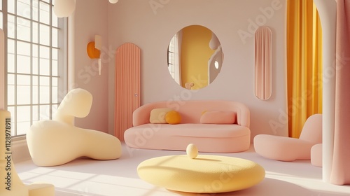 A modern, minimalist living room featuring soft pastel colors and playful shapes.