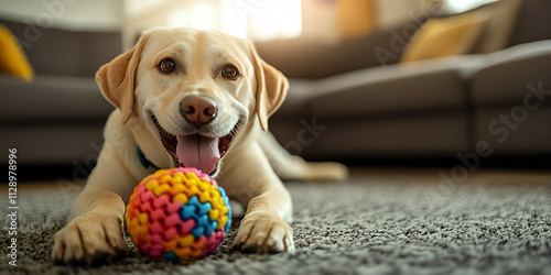 Happy Labrador Retriever Playing with Colorful Ball