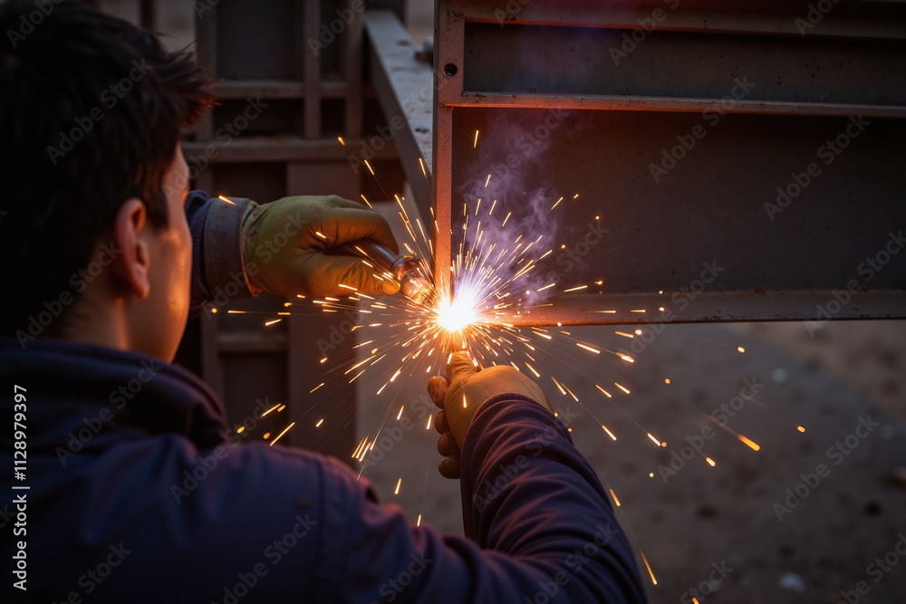 Person welding metal beam on construction site Person welding metal beam on construction site