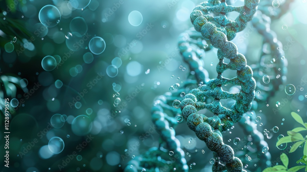 Elegant spiral of rainbow DNA double helix with light bokeh and bubbles, creating a serene blue scene