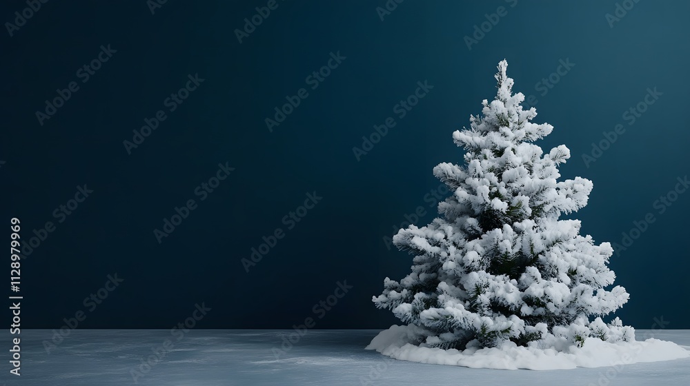 Serene Snow-Covered Christmas Tree in a Minimalist Indoor Setting with Dark Blue Wall and Soft Snow on Ground, Perfect for Holiday Decor and Seasonal Inspiration Serene Snow-Covered Christmas Tree in a Minimalist Indoor Setting with Dark Blue Wall and Soft Snow on Ground, Perfect for Holiday Decor and Seasonal Inspiration