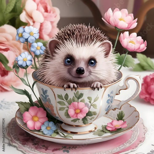 cute fluffy  Hedgehog with flowers, sitting in a vintage tea cup,