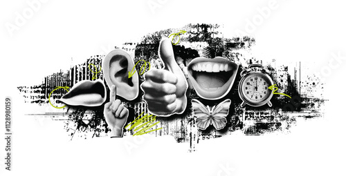 Trendy retro halftone collage, vintage paper cutouts of lips, hands, butterfly, alarm clock and more in y2k style vector illustration.