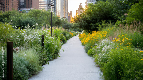Wallpaper Mural A serene pathway lined with vibrant flowers and lush greenery, inviting peaceful stroll through urban landscape at sunset. warm light enhances natural beauty of scene Torontodigital.ca