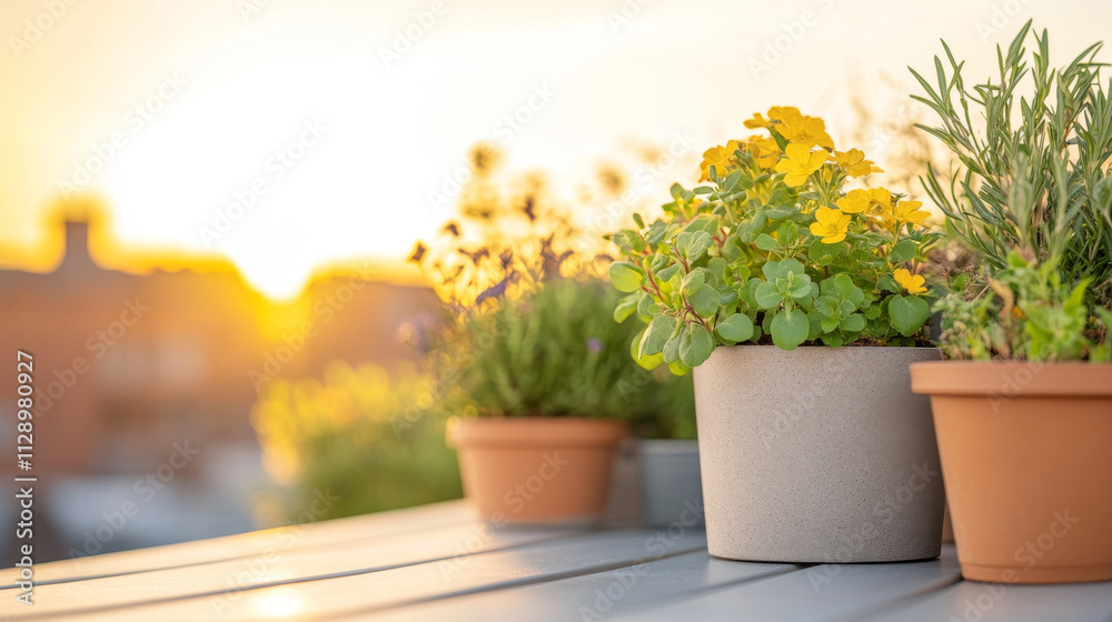 A beautiful sunset illuminates potted plants on balcony, showcasing vibrant yellow flowers and lush greenery. warm light creates serene atmosphere, perfect for relaxation