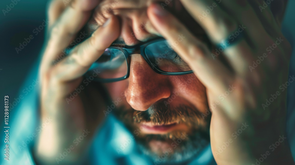 Feeling overwhelmed, man with glasses holds his head in distress, reflecting deep concentration and stress. This image captures essence of mental strain and emotional turmoil Feeling overwhelmed, man with glasses holds his head in distress, reflecting deep concentration and stress. This image captures essence of mental strain and emotional turmoil