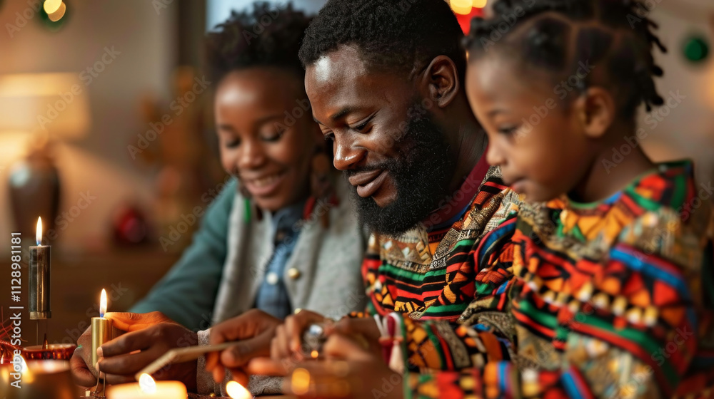 A joyful family gathering during holiday season, featuring man, woman, and child engaged in festive activities. warm ambiance is enhanced by candlelight and colorful traditional attire A joyful family gathering during holiday season, featuring man, woman, and child engaged in festive activities. warm ambiance is enhanced by candlelight and colorful traditional attire