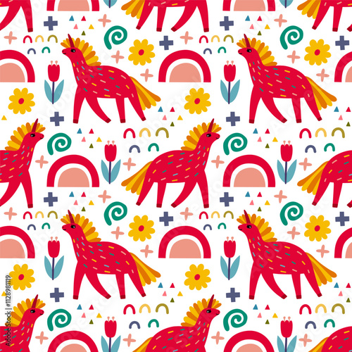 Festive seamless pattern with unicorns, flowers and different color elements. Vector illustration unicorns.