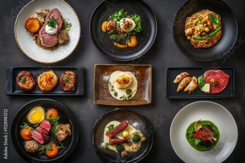 Overhead shot of nine gourmet dishes on dark plates. photo