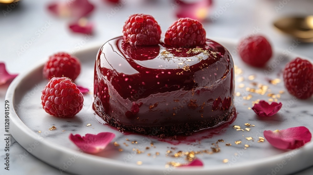 A luxurious heart-shaped chocolate mousse cake with a glossy red mirror glaze, garnished with edible gold flakes and fresh raspberries, sitting on a marble dessert plate surrounded by scattered rose A luxurious heart-shaped chocolate mousse cake with a glossy red mirror glaze, garnished with edible gold flakes and fresh raspberries, sitting on a marble dessert plate surrounded by scattered rose